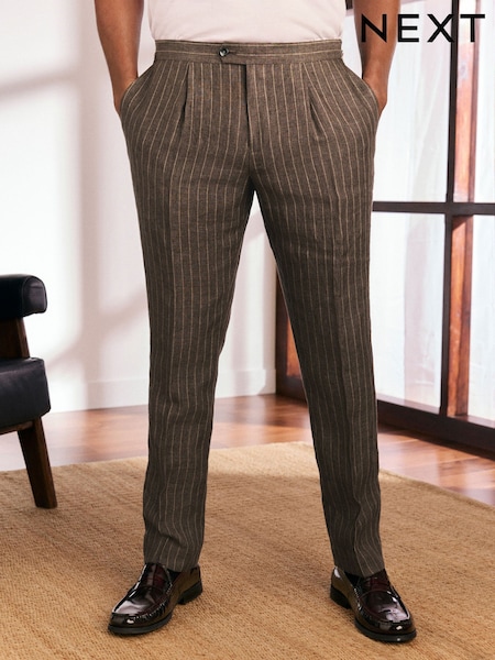 Brown Slim Fit Leomaster 100% Linen Suit Trousers (E82659) | 544 QAR