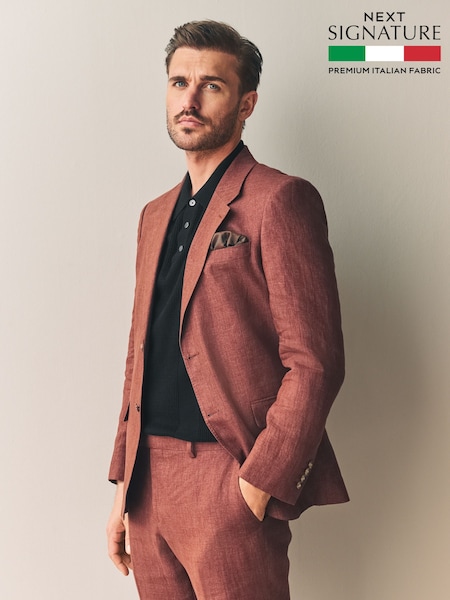 Rust Brown Slim Fit Leomaster Italian 100% Linen Suit Jacket (E82677) | €207