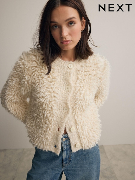 Bela Ecru - Statement Fluffy Button Up Knitted Cardigan (E82682) | € 44