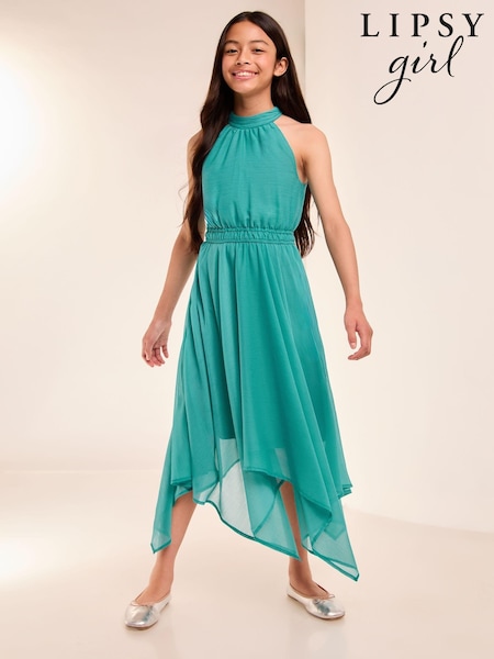 Lipsy Teal Green Hanky Hem Halter Occasion Dress (7-16yrs) (E82753) | 94 QAR - 114 QAR