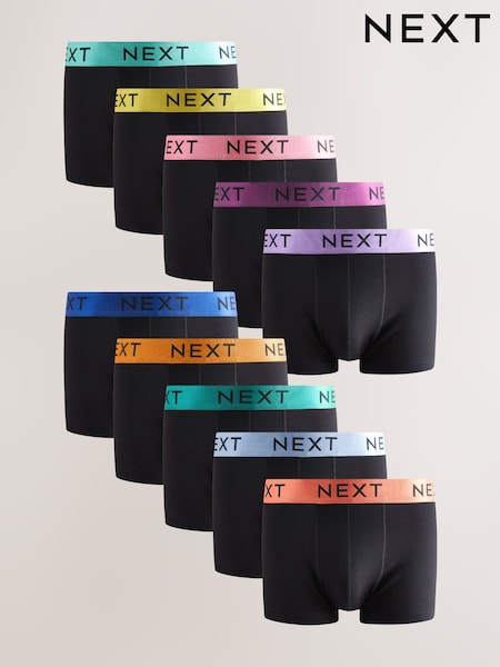 Black Shiny Colour Waistbands 10 pack Cotton Rich Blend Hipsters Boxers (E82770) | €53