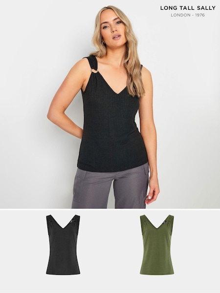 Long Tall Sally Black V-Neck Hardwear Ribbed Vests 2 Pack (E82873) | 104 QAR