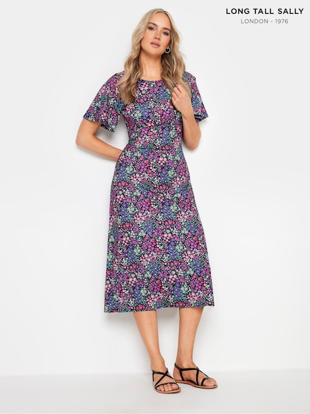 Long Tall Sally Black Bright Ditsy Flutter Sleeve Midi Dress (E82879) | €24
