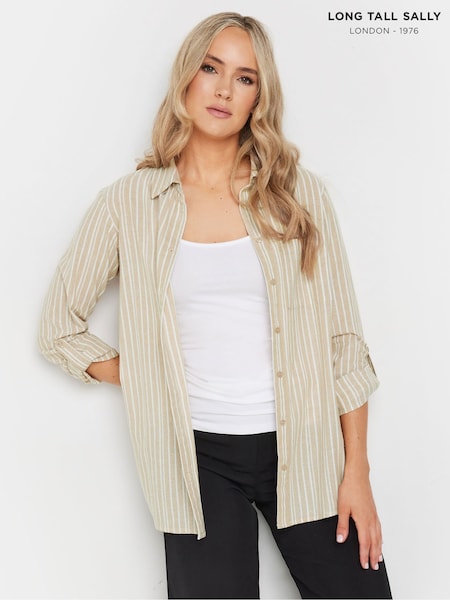 Long Tall Sally Natural Stripe Long Sleeve 100% Cotton Shirt (E82895) | kr414