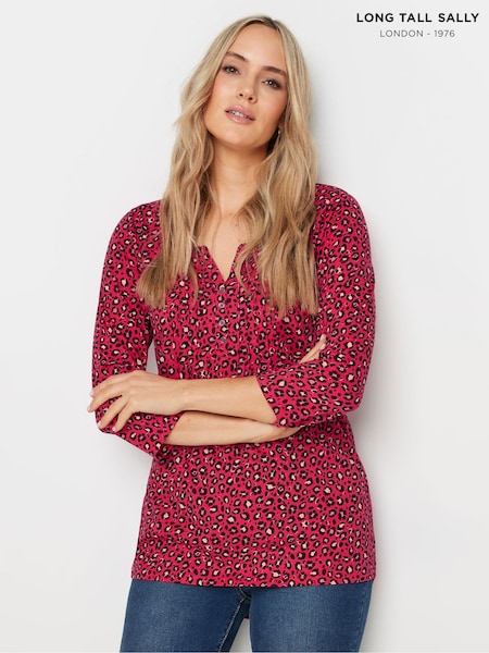 Long Tall Sally Animal Print 3/4 Sleeve Pintuck Henley 100% Cotton Top (E82903) | 171 LEI