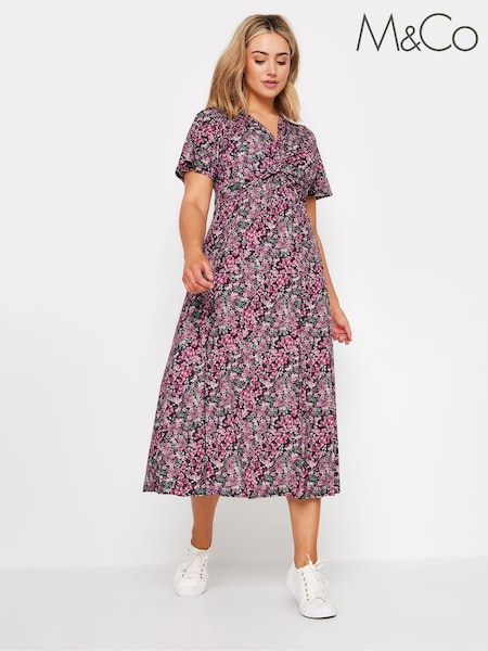 M&Co Pink Floral Print Twist Front Short Sleeve Dress (E82919) | €26