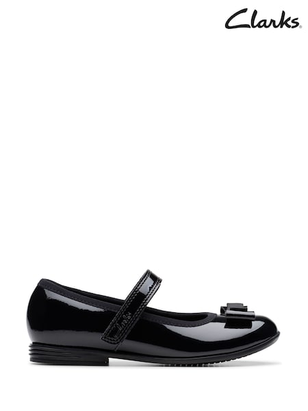 Clarks Black Wide Fit (G) Finja Tap Mary Jane Bow Patent Shoes (E82954) | €53 - €56