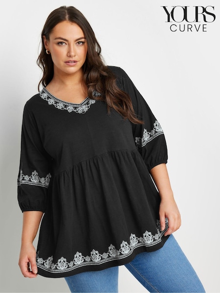 Yours Curve Black Embroidered 3/4 Smock 100% Cotton Tunic (E83075) | $54