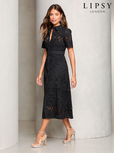 Черный - Lipsy Premium Broderie Lace Belted Shirt Midi Dress (E83118) | €81