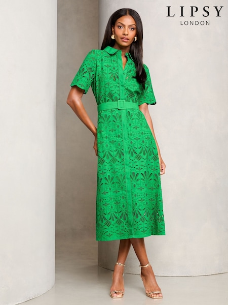 Verde - Rochie midi cămașă cu curea din dantelă Lipsy Premium Broderie (E83122) | 672 LEI
