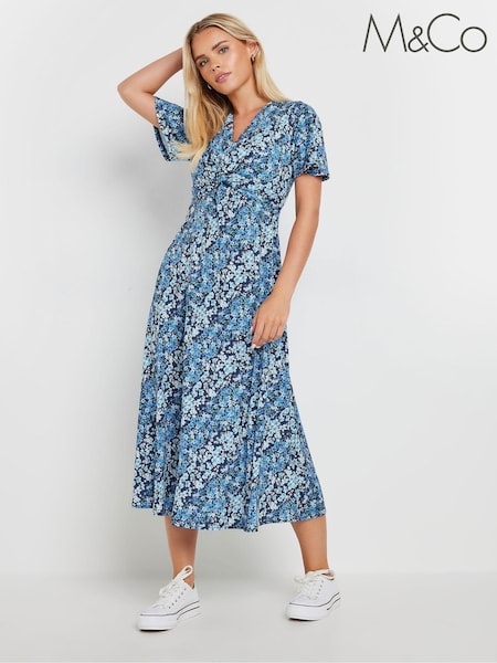 M&Co Blue Petite Ditsy Twist Front Jersey Dress (E83191) | €60