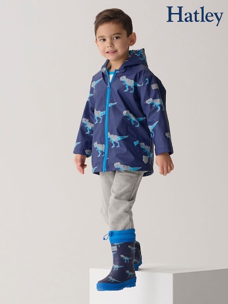 Hatley Blue T-Rex Dinosaur Print Attack Sherpa Lined Splash Jacket (E83603) | 205 LEI
