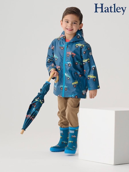 Hatley Blue Monster Trucks Zip-Up Rain Jacket (E83606) | 208 LEI