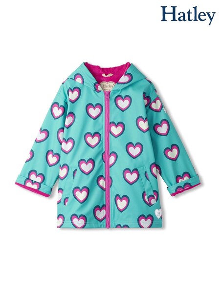 Hatley Blue Hearts Colour Changing Zip-Up Waterproof Rain Jacket (E83617) | ₪201