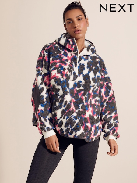 Print Hooded Elbow Patch Borg Fleece Jacket (E83689) | $86