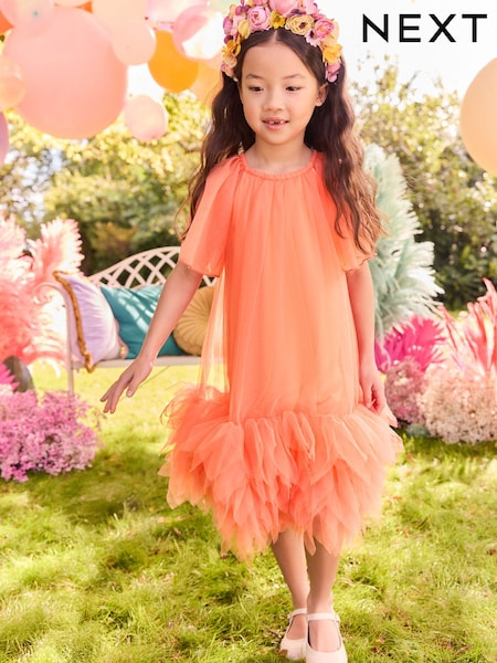 Bright Orange Mesh Party Dress (3-16yrs) (E83898) | 83 QAR - 103 QAR