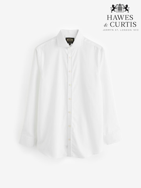 Hawes & Curtis 110 Year Anniverary Fitted Slim White 100% Cotton Shirt With Embroidered Cuff (E84005) | ‏126‏₪