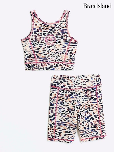 River Island Brown Girls Leopard Print 100% Cotton Crop Top and Shorts Set (E84036) | AED128