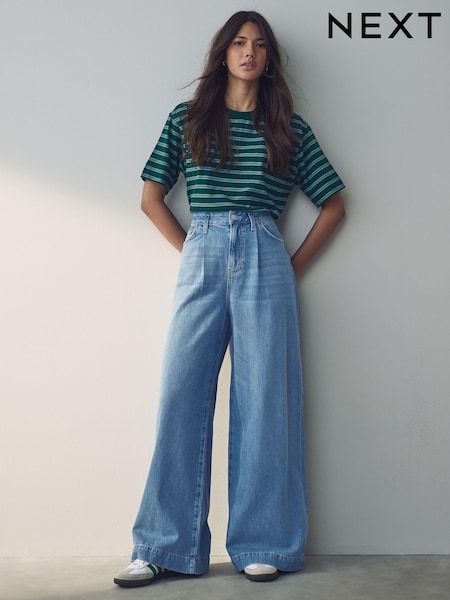 Mid Blue Palazzo Wide Leg 100% Cotton Jeans (E84060) | $90