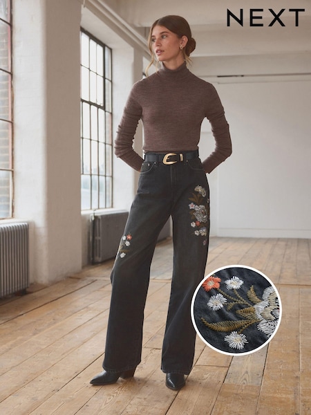 Black Embroidered Wide Leg 100% Cotton Jeans (E84063) | AED54