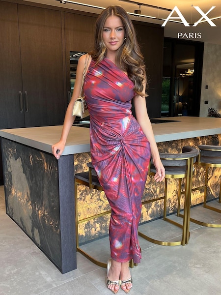 AX Paris Red Tie Dye Print One Shoulder Knot Skirt Mesh Midi Dress (E84067) | €39