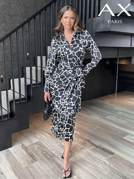 AX Paris Giraffe Print Side Tie Waist Wrap Black Midi Dress (E84072) | 136 QAR