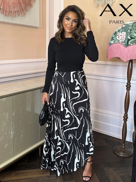 AX Paris Abstract Stripe Print 2 in 1 Long Sleeve Pleated Skirt Black Midi Dress (E84079) | €38