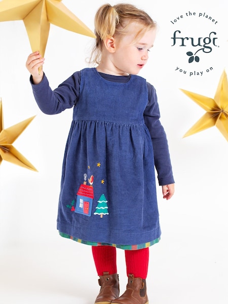 Frugi Girls Blue Reversible Corduroy Dress (E84106) | €54 - €57