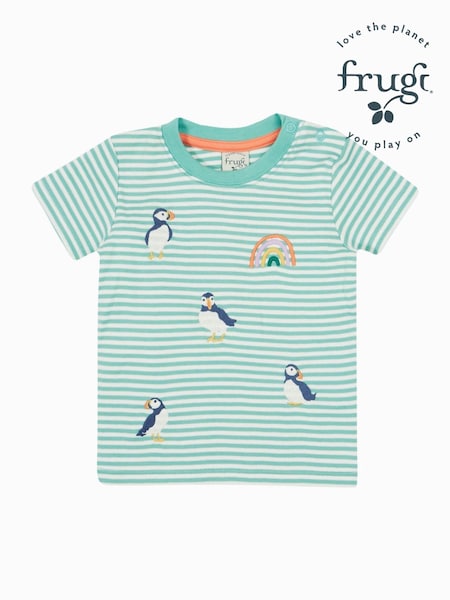 Frugi Green Stripe Puffin Embroided T-Shirt (E84115) | €28 - €32
