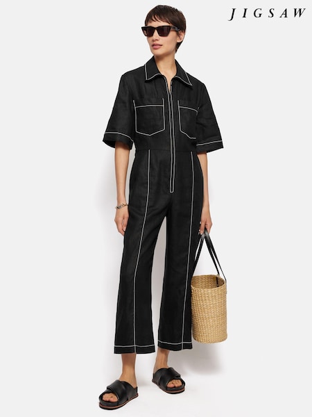 Jigsaw Black 100% Linen Contrast Stitch Jumpsuit (E84258) | €121