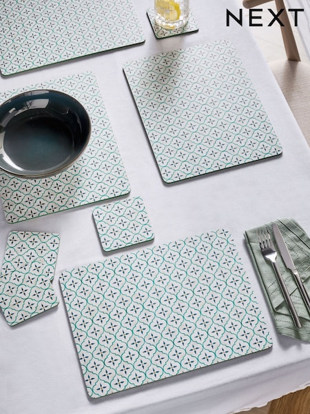 Set of 4 Teal Blue Mediterranean Tile Placemats and Coasters (E84412) | €23