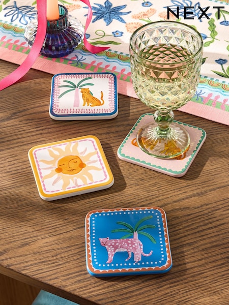 Set of 4 Multi Cassia Tropical Leopard Ceramic Coasters (E84415) | $23