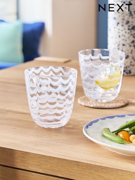 Set of 2 White Caned Stripe Tumbler Glasses (E84435) | €21