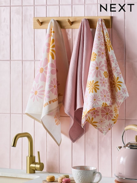 Set of 3 Pink 100% Cotton Gracie Floral Tea Towels (E84462) | €18