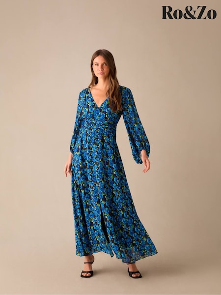 Ro&Zo Blue Petite Floral Print Ruched Waist Dress (E84470) | €122