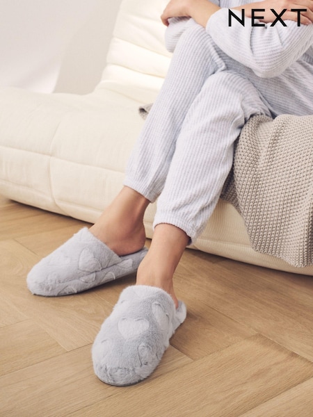 Grey Carved Heart Faux Fur Carved Heart Mule Slippers (E84486) | SGD 28