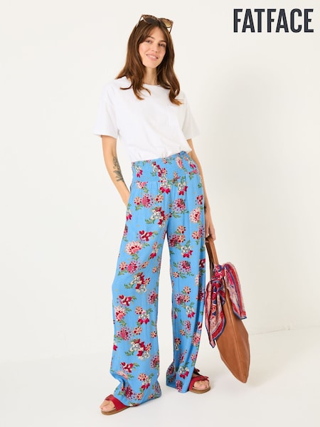 FatFace Balinese Palazzo Bright Blue Printed Wide Leg Trousers (E84507) | ₪297