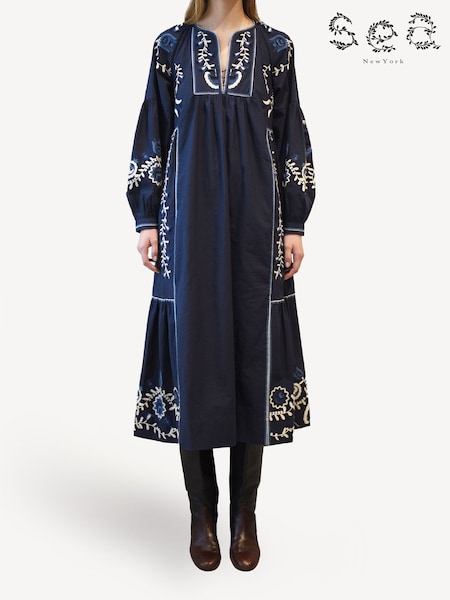 Sea New York Blue Inga Embroidery Pintucked Midi Dress (E84576) | €639
