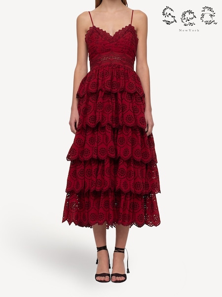 Sea New York Red Lainey Embroidery Tiered Midi Dress (E84577) | €703