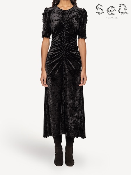 Sea New York Black Cailyn Crushed Velvet Ruched Midi Dress (E84578) | AED2,096