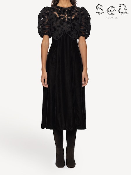 Sea New York Black Alice Embroidery Velvet Puff Sleeve Dress (E84580) | AED2,999