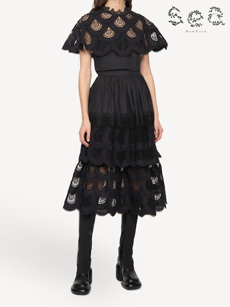 Sea New York Black Drea Embroidery Tiered Midi Skirt (E84588) | €607