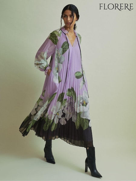 Florere Pleated Tie Neck Maxi Dress (E84644) | 1,128 QAR