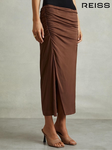 Reiss Chocolate Lisa Ruched Front Split Midi Skirt (E84678) | AED1,138