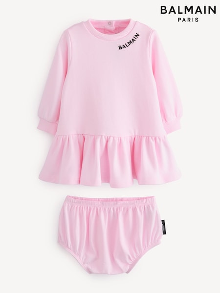Balmain Kids Baby Pink Logo Frill Dress And Bloomers Set (E84769) | AED932