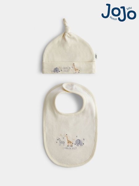 Cream Safari Born in 2027 - Jojo Maman Bébé Hat & Bib Set