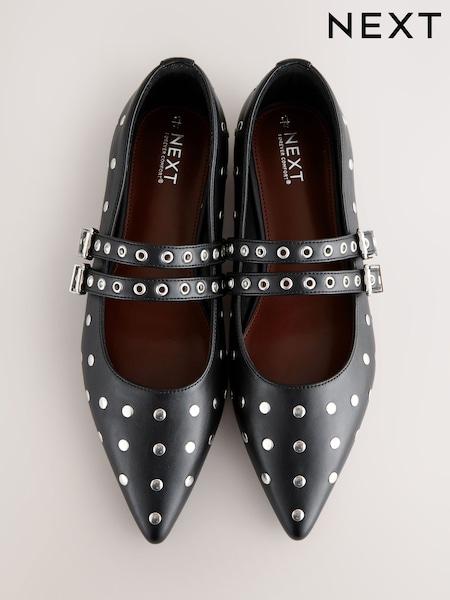 Black Standard Fit Forever Comfort® Point Toe Stud Mary Jane Shoes (E85093) | €42