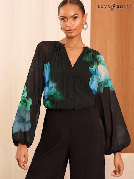Love & Roses Black Floral Printed Pleated V Neck Blouse (E85371) | AED151