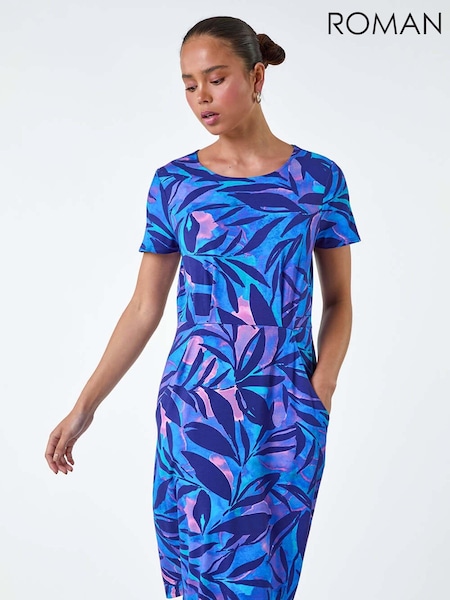 Roman Abstract Leaf Pocket Stretch Dress (E85384) | R$ 510
