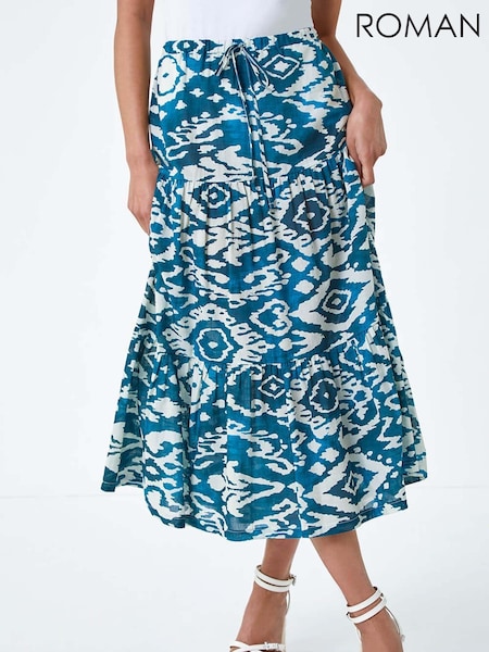 Roman Blue Aztec Style Print 100% Cotton Midi Skirt (E85387) | AED255